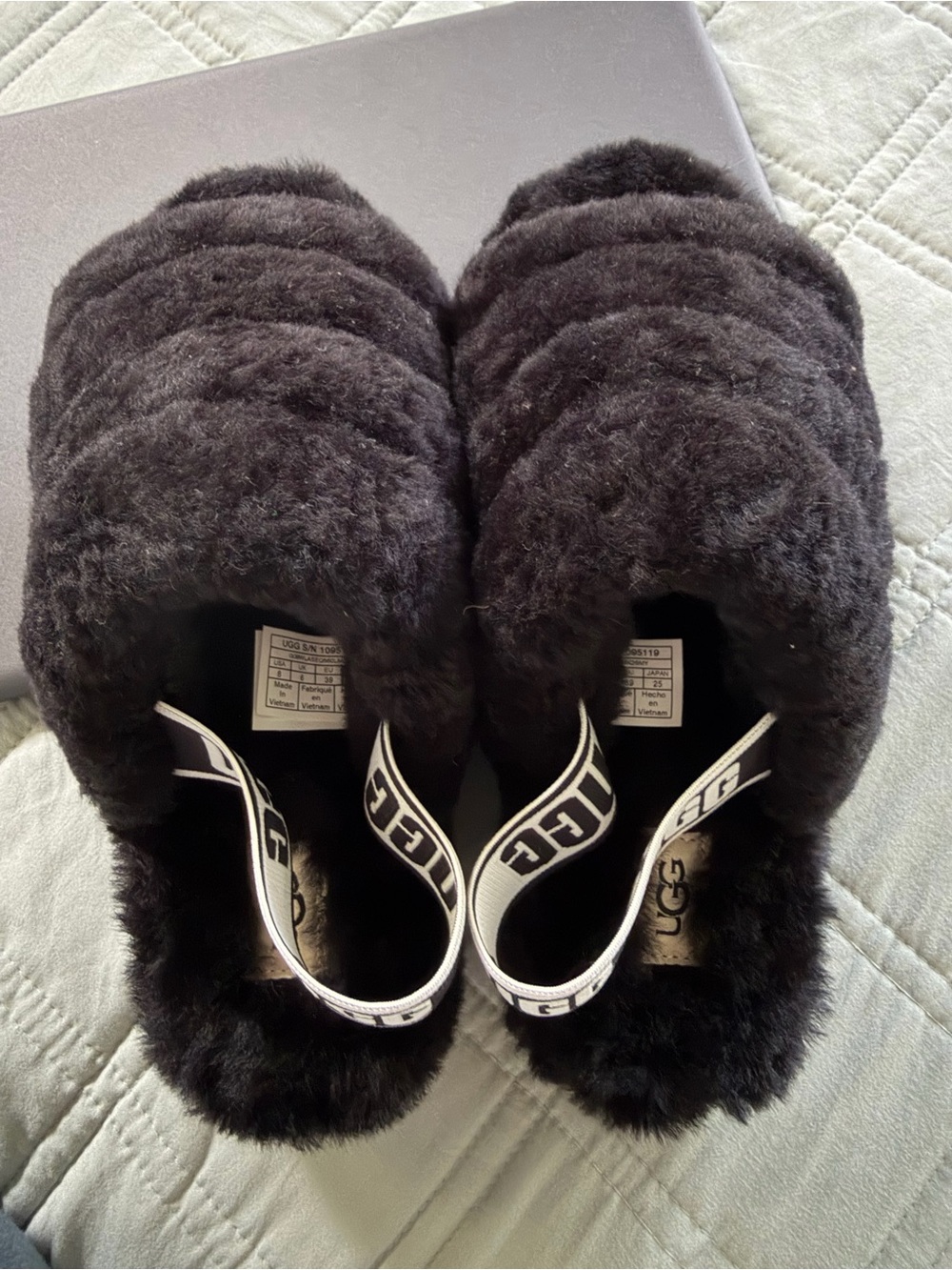 UGG Black Fluff Slide with Logo Heel Strap